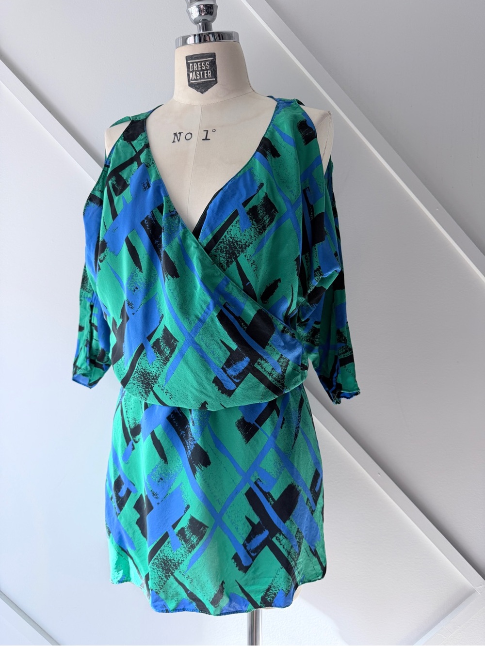Amanda Uprichard Silk Abstract Wrap Mini Dress Small Green Blue